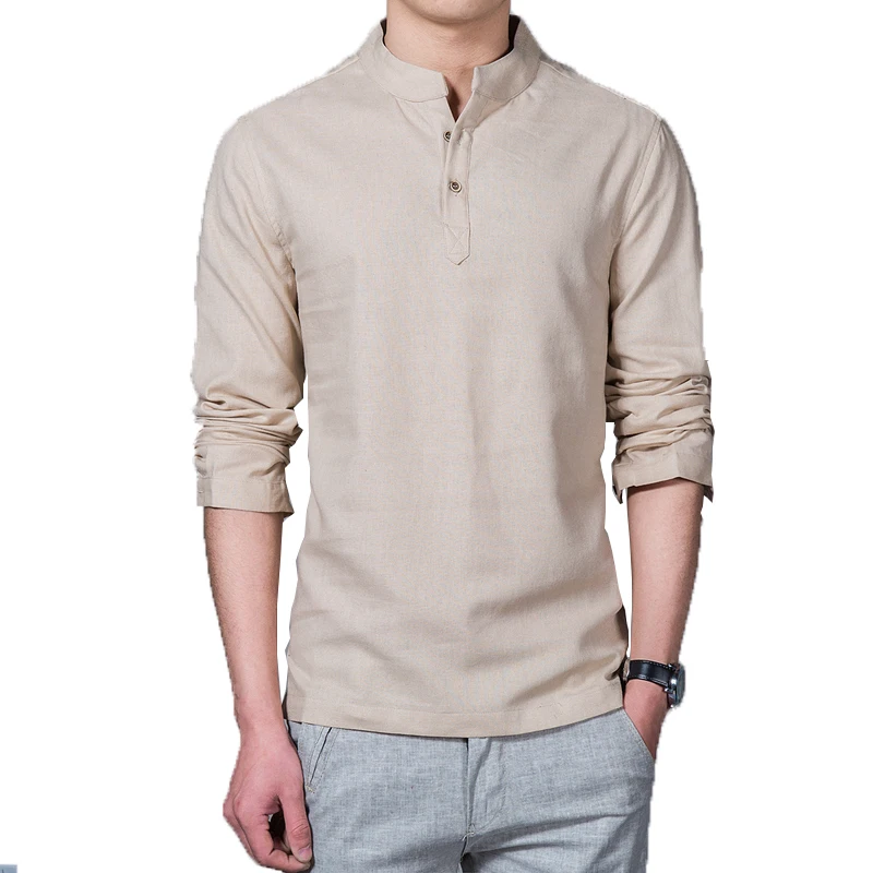 

Men's Clothing 2020 Men Spring Tops & Tees Male Fashion T-Shirts Stand Collar Long-sleeved Slim Base Shirt Homme Linen t-shirt