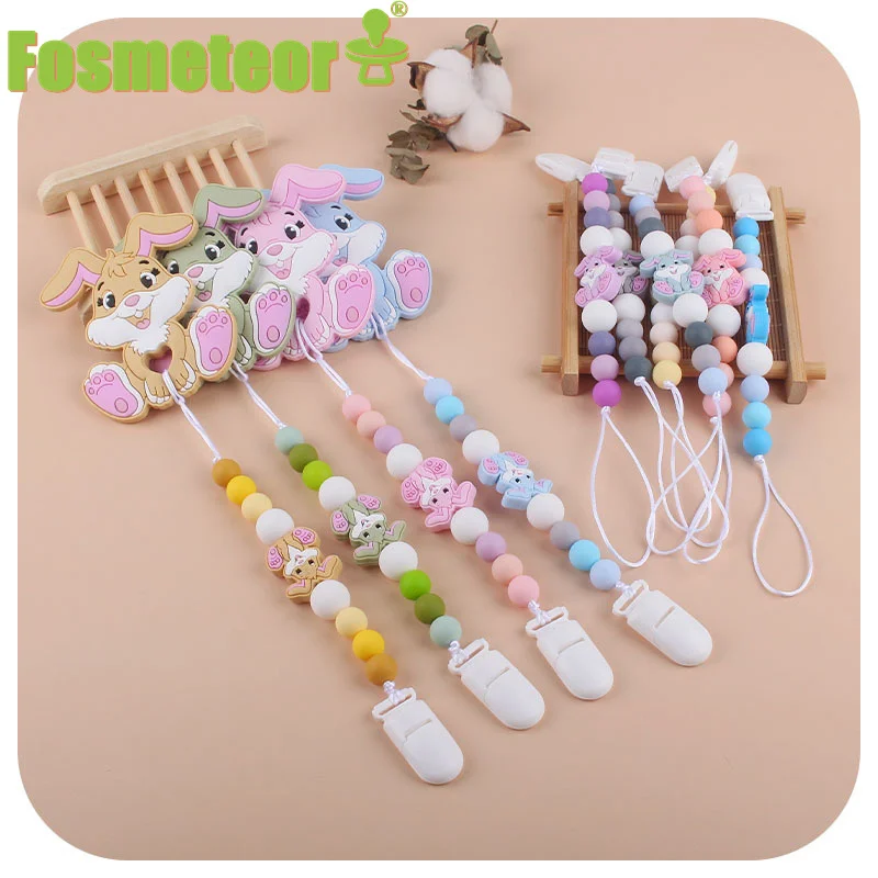 

Fosmeteor Safe Silicone Personalised Name Baby Pacifier Clips Silicone Rabbit Animal Pacifier Chain Holder Baby Gift BPA Free