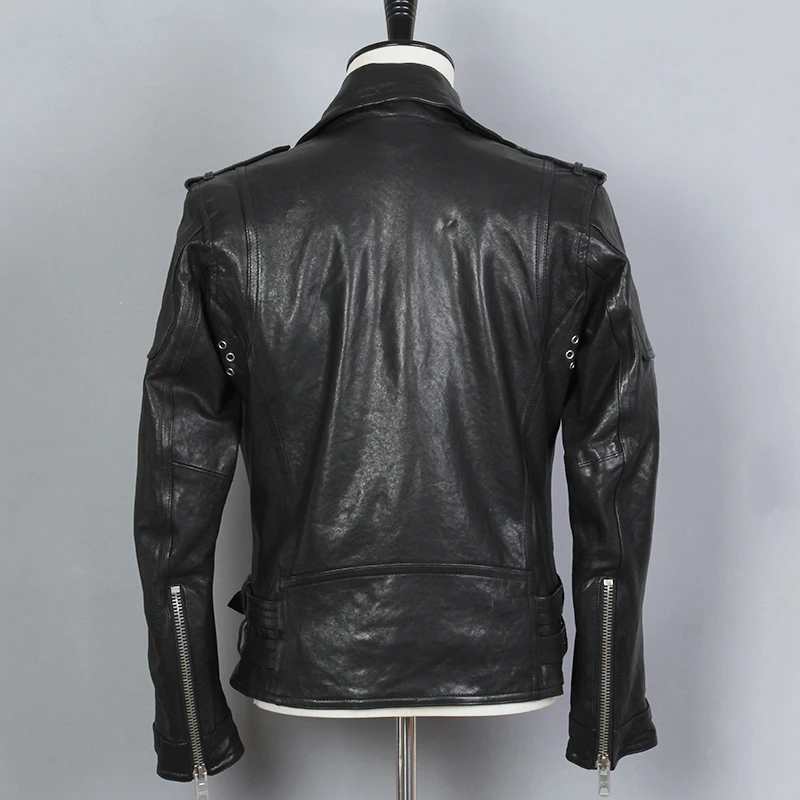 Натуральная модная кожаная мужская Черная байкерская куртка из овчины с