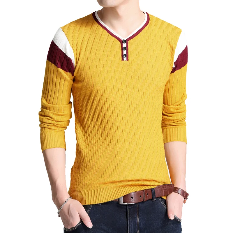 Sweaters V-collar Men's Elastic Brand Slim sweater Men Button Autumn Knitted Sweaters Knitted Pullover Knitted clothes hombre