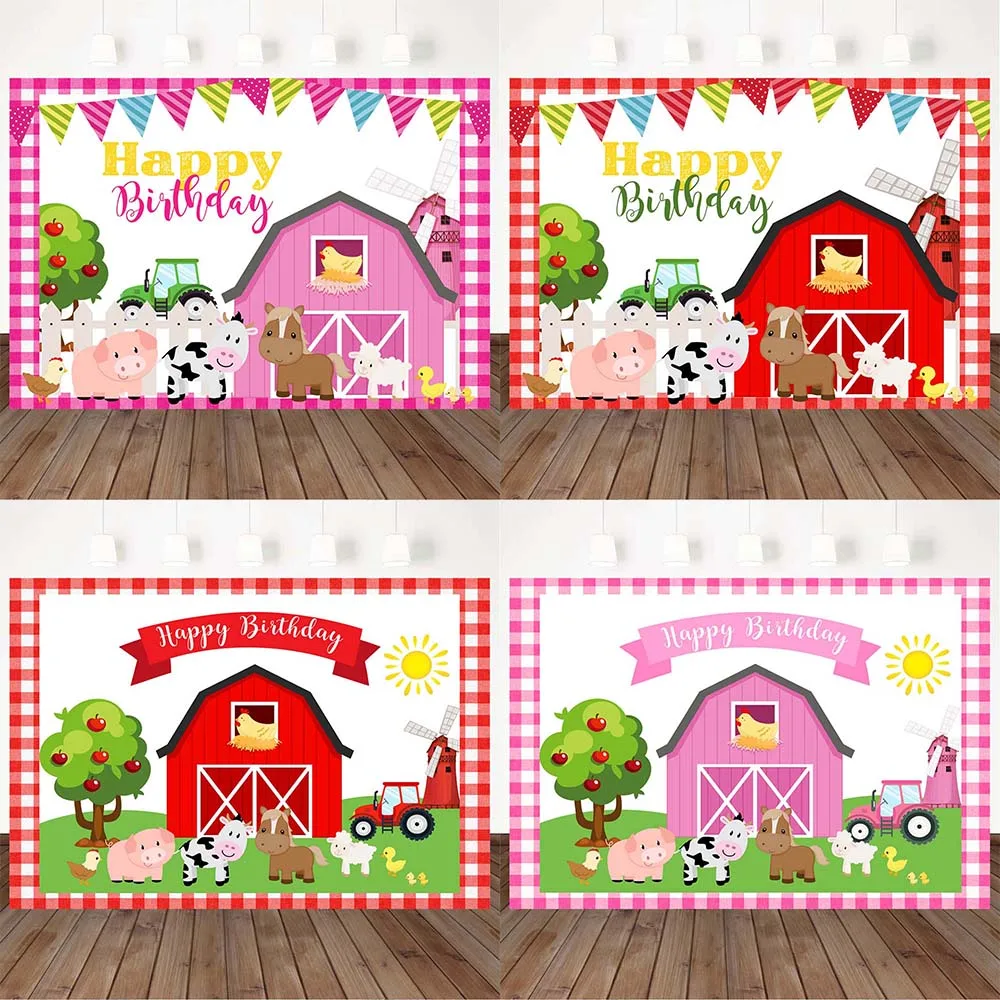 

Mocsicka Farm Theme Child Birthday Backdrop Pink Red Barn Animals Happy Birthday Party Photo Background Photo Studio Decor Props