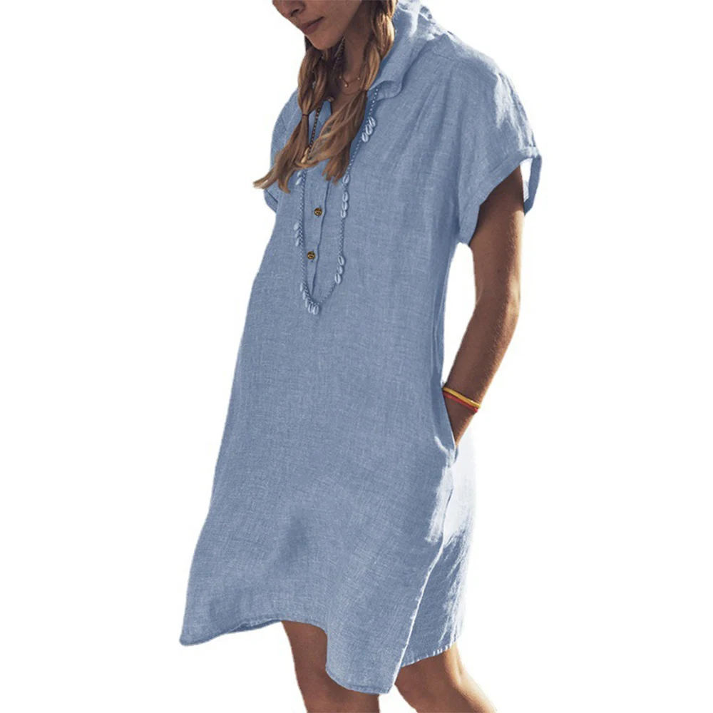

Woman Dress Pocket V-neck Short Sleeve Solid Color Dress Beach Casual Style Dress Linen Ladies Dress Summer Shirt Dress