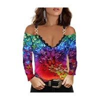 sexy v neck off shoulder butterfly graphic print chain strap tops 2021 trendy clothes slim retro ladies long sleeves tee shirts