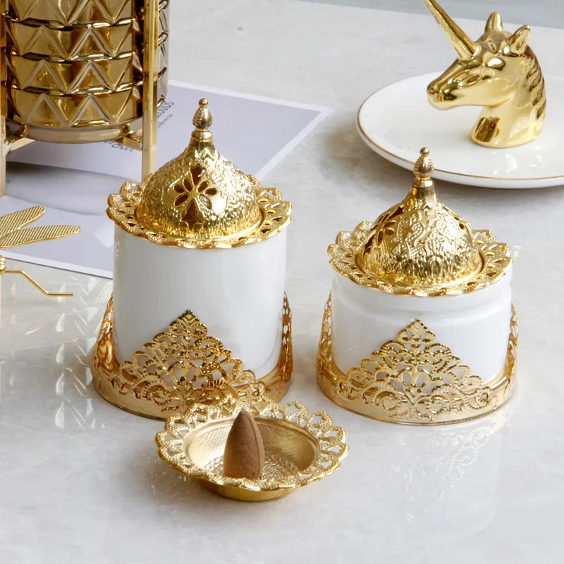 Creative Golden Style Iron Art Ceramic Combination Incense Burner Incense Burner Furniture Decoration Living Room Decor