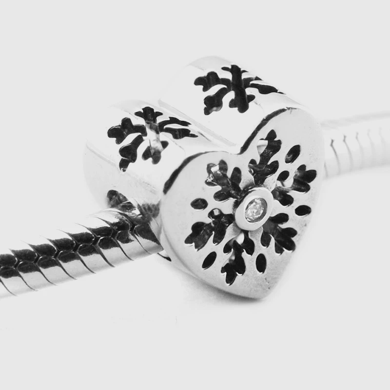 

Snowflake Heart Charm Beads for Snake Chain Charms Bracelets Clear CZ Crystal Stone 925 Sterling Silver Beads for Jewelry Making
