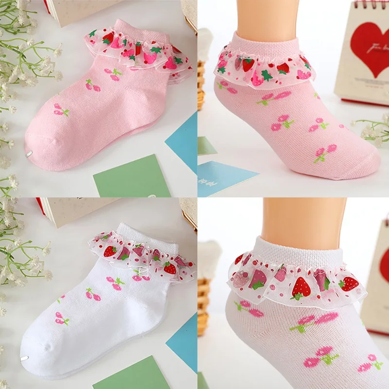 

Baby Girl's Socks Spring Autumn Solid Color Sweet Strawberry Cotton Short Tube Lace Latin Dancing Princess Socks