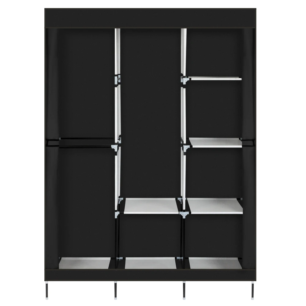 Black Modern Solid Color Non-woven Fabric Closet with Side Pocket Zipper Door Curtain Bedroom Wardrobe Clothes Storage Rack Furniture - Color: Black