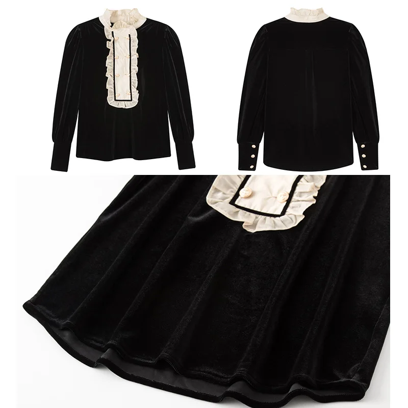 

Vintage Women Blouse Spring Autumn Long Sleeve Double Breasted Shirt Velvet Tops Stand Collar Ruffles Patchwork Sweet Blouses