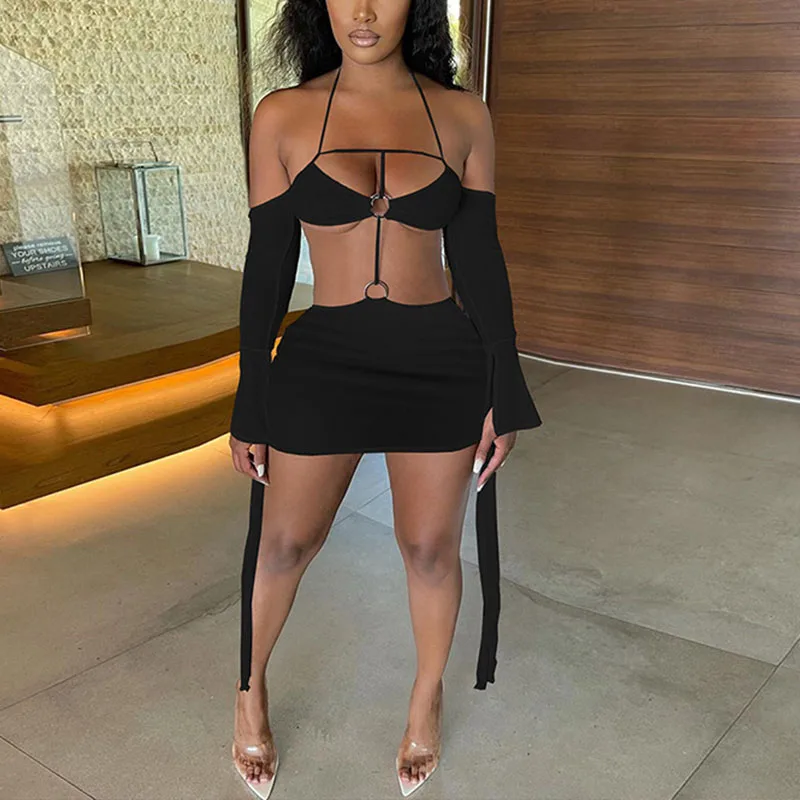 

women long sleeve halter printed hollow out sexy bodycon mini dress