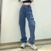 weiyao england preppy style straight jeans women pockets casual baggy cargo pants girls 90s high waist streetwear denim pants