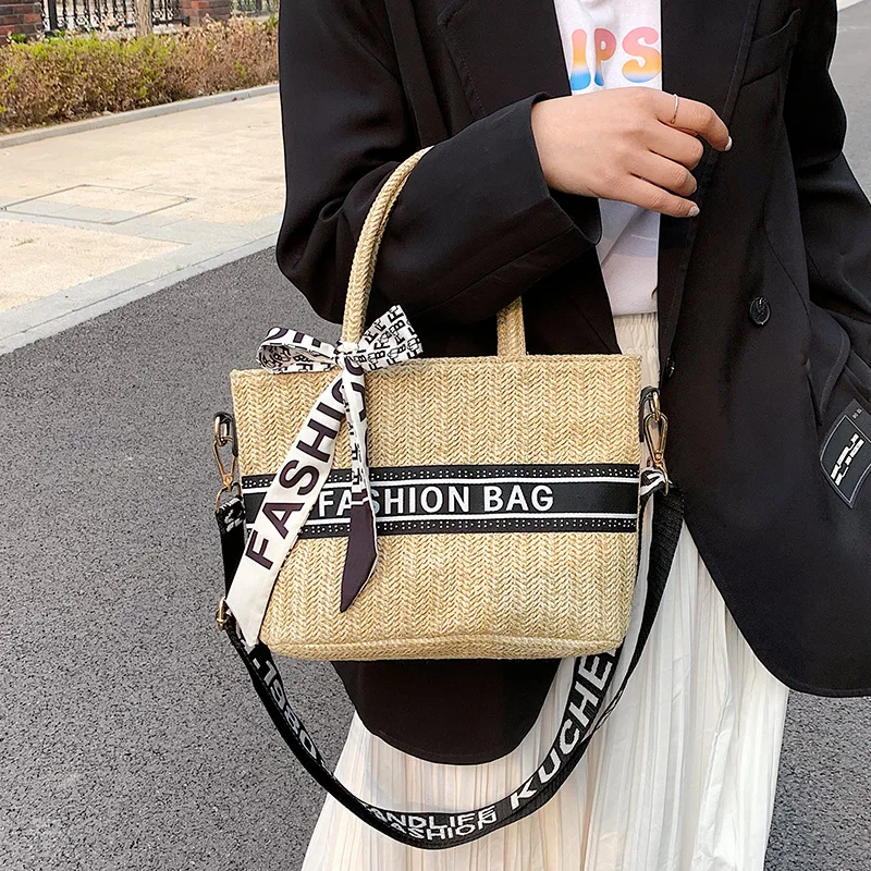 

2021 Summer Straw Crossbody Bags Woven Shoulder Bags for Women Casual Scarf Design Totes Ladies Large Capacity Shopping Handbags