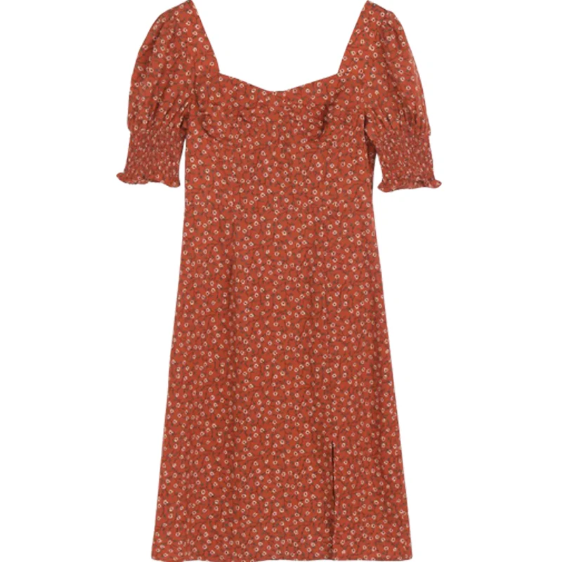 

Cotton Summer Sweet Holiday Floral Dress Mid-Length Split Square Collar Beach Dress Ins Puff Sleeve Dress