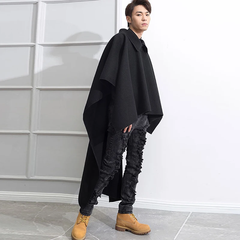 

M-4XL Front Short Long Long Head Over Long Paragraph Lapel Pullover Male Woolen Coat Cloak Trend Loose Slim Shawl Cloak Overcoat