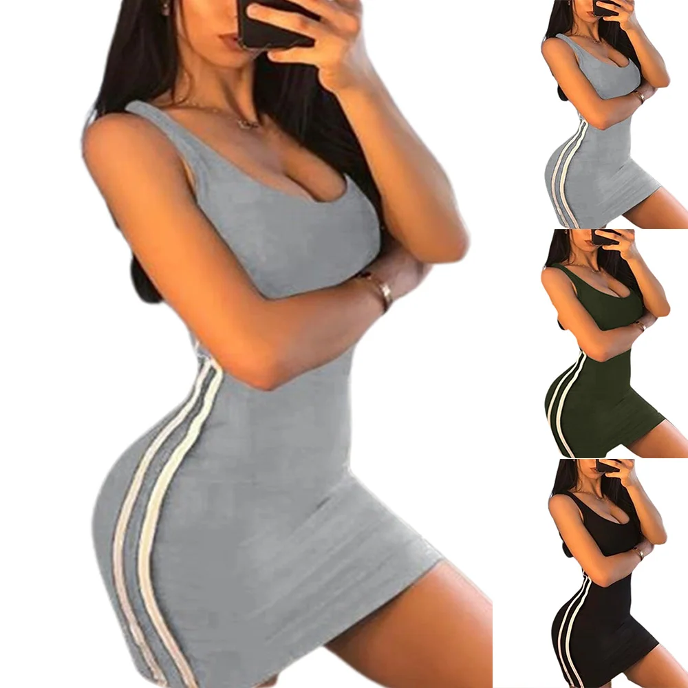 

Womens Sexy Solid Mini Dress Summer Sleeveless Beach Side Striped Bodycon Clubwear Short Spaghetti Strap Dresses