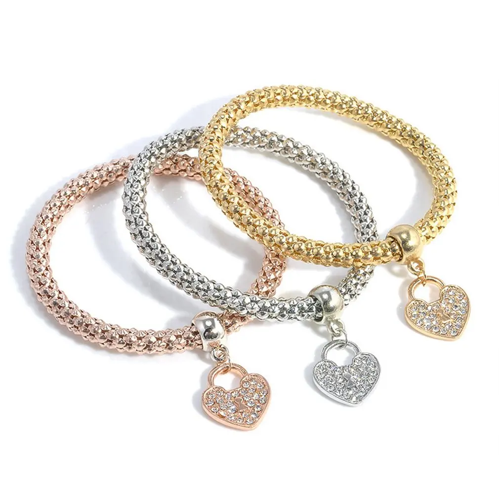 Модный браслет из сплава блестящие стразы подвеска в виде сердца эластичный