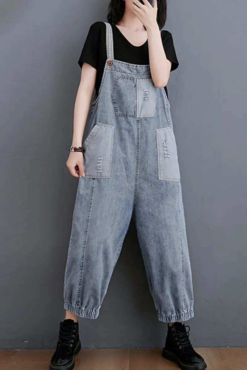 

Denim Jumpsuit Stitching Jeans Contrast Color Patch Ripped Pocket Overalls Loose Nine-point Wide-leg Pants Women Trousers Cotton