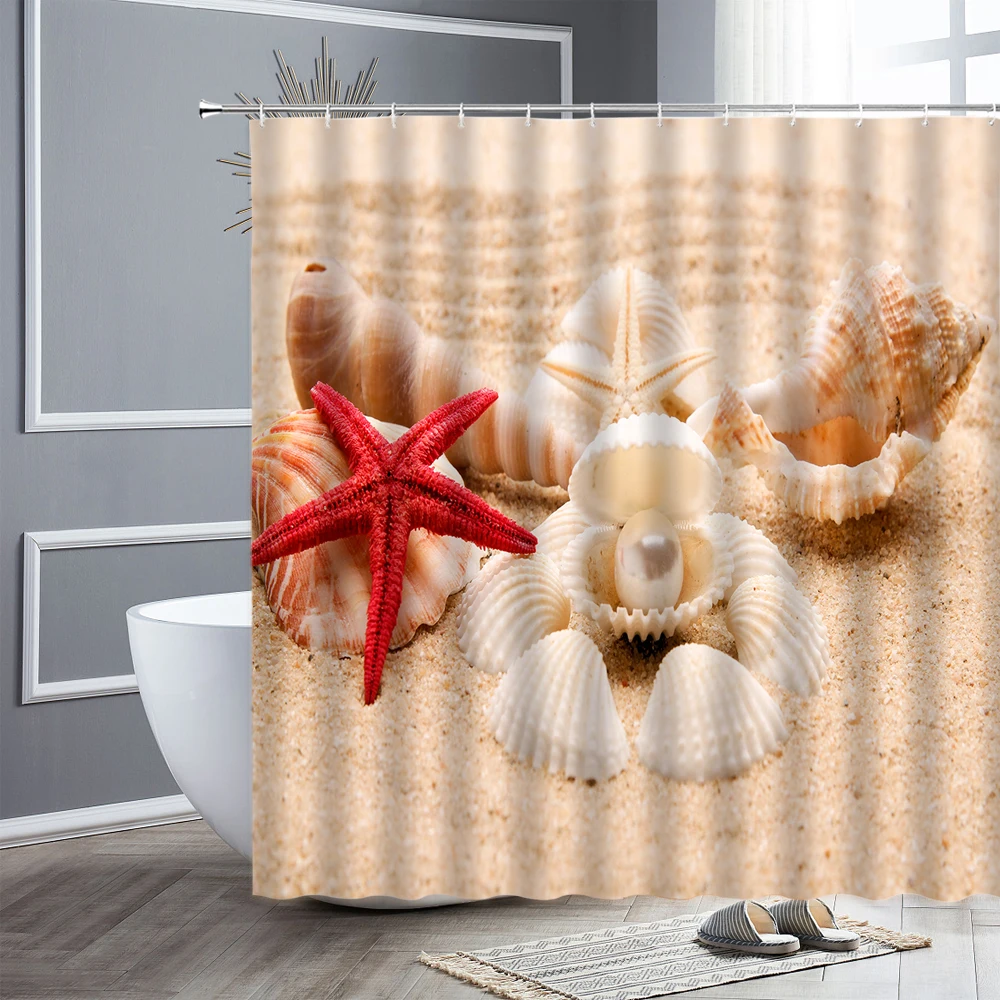 

Shower Curtain Set Beach Conch Starfish Sunset Landscape Waterproof Fabric Bathroom Curtains Home Wall Decor Bathtub Bath Screen