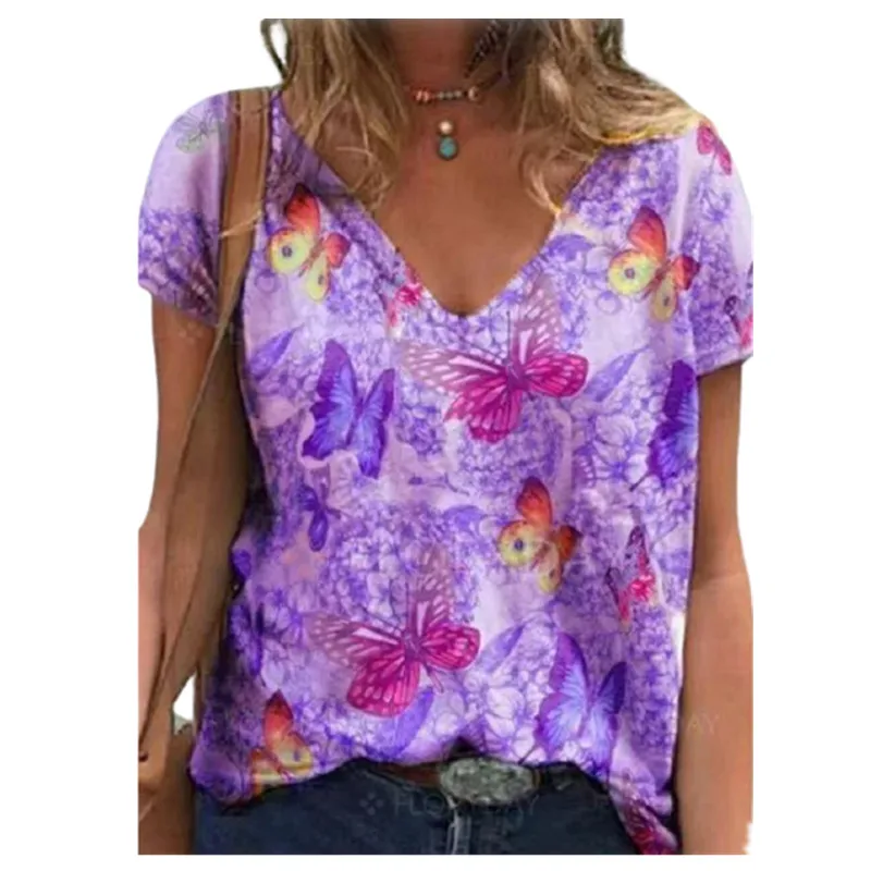 

Streetwear Casual T Shirt 2021 New Fashion V-Neck Loose Pullovers Ladies Tops Summer Women Animal Birds Print Shirt Plus Size