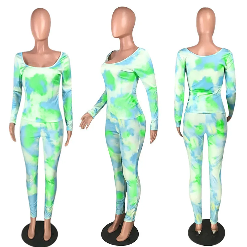 

ZKYZWX Sexy Tie Dye Two Piece Set Long Sleeve Top+Bodycon Pants Suit Tracksuit Women Clothing Streetwear Outfits Matching Sets