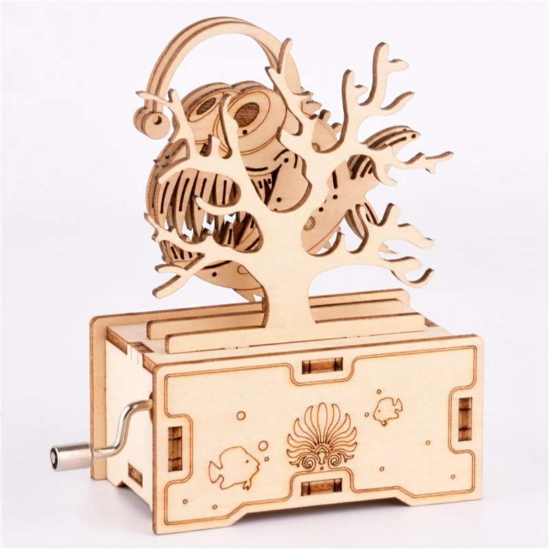

FBIL-3D Puzzles Wooden Lantern Fish Hand Crank Music Box Assembly Toy DIY Assembled Mode Model Building Block Kits Gift