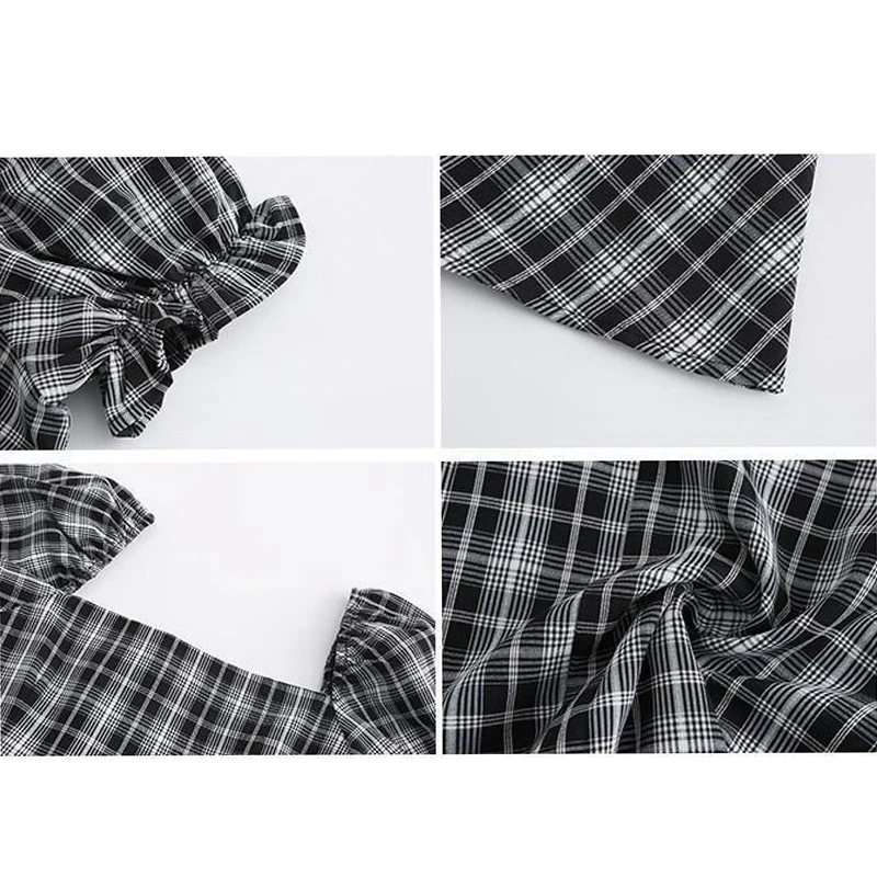 

GothGotik Puff Sleeve Plaid Dress For Woman Gothic Style A-Line Square Collar High Waist Choker Summer Party Club
