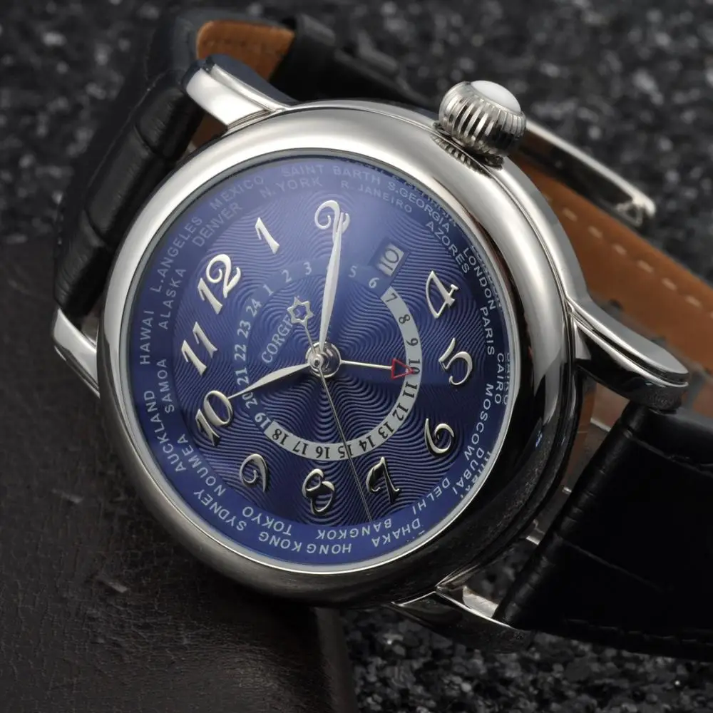 Corgeut 43 мм GMT черный циферблат чехол из нержавеющей стали Натуральная Кожа Дата