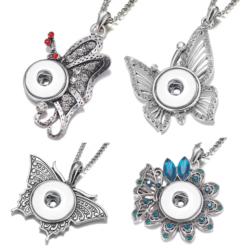 

New Beauty lively Butterfly Cute rhinestone snap pendant necklace fit 18mm snap buttons 18mm snap jewelry
