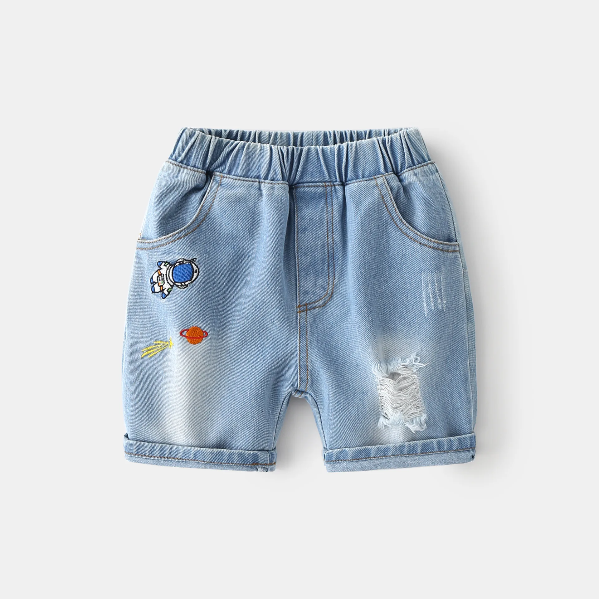 

Ripped Boys Shorts Summer Cotton Knee Length Jeans Cute Emboridery Pattern Denim Trousers Kids Clothes
