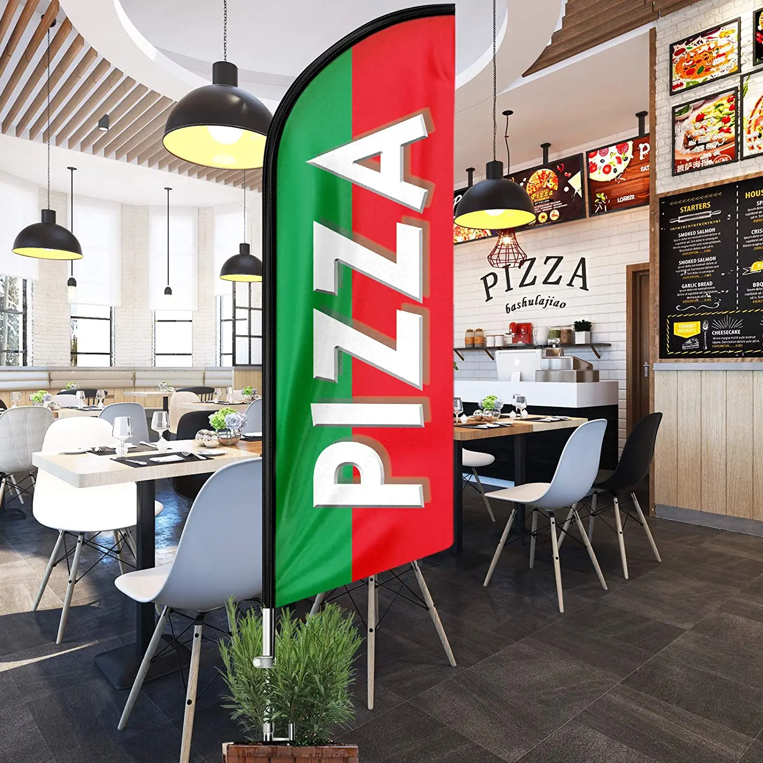 Свупер флаг и комплект с шестом Перо баннер рекламирует бизнесы Еда Пицца Хот-доги Жареный курицы на.