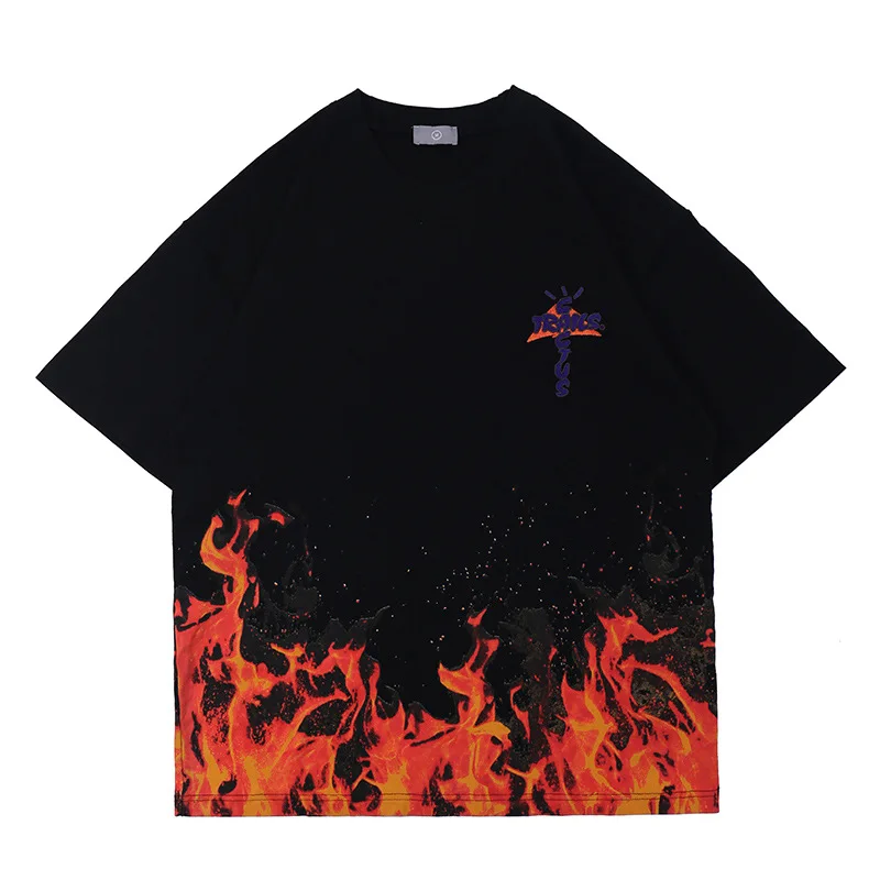 

High Street Flame Print Printed Letter Embroidered Jack Men's Short-sleeved T-shirt Travis Scotts Men Oversized T Shirt Clothing