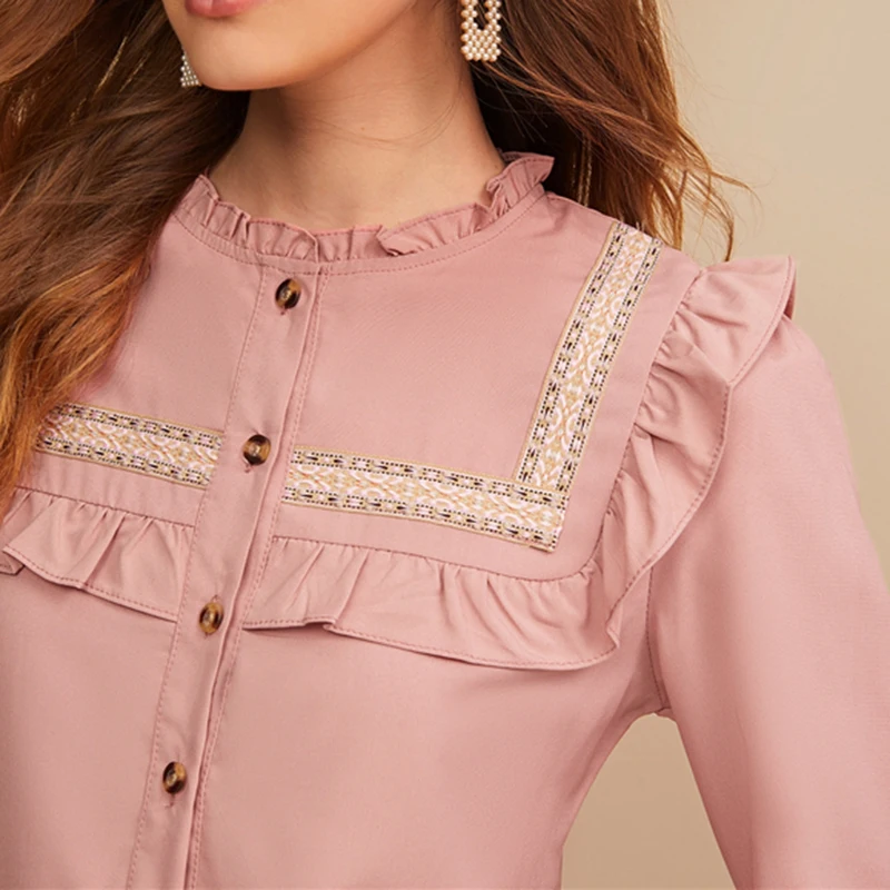 SHEIN розовая вышитая лента панель с рюшами отделка пуговица спереди милая блузка рубашка женские топы осень длинный рукав элегантные блузки