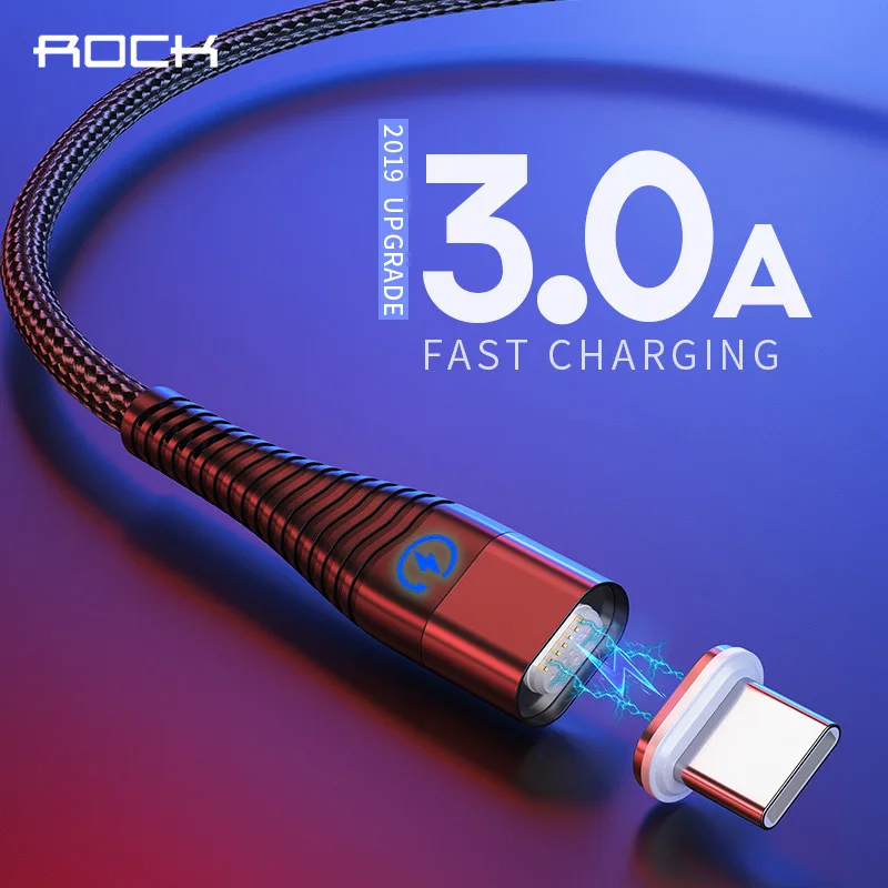Usb Type C кабель Rock 1 м 2 светодиодный магнитный для быстрой зарядки Samsung Galaxy S9 S8 Plus Note 9