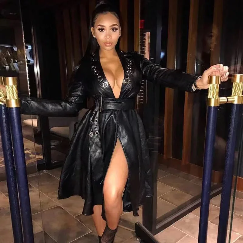 Women New Plus Size PU Faux Leather Jackets Long Sleeve Eyelet Sexy Deep V-neck with Belt Pleated Swing Long Coat Windbreaker