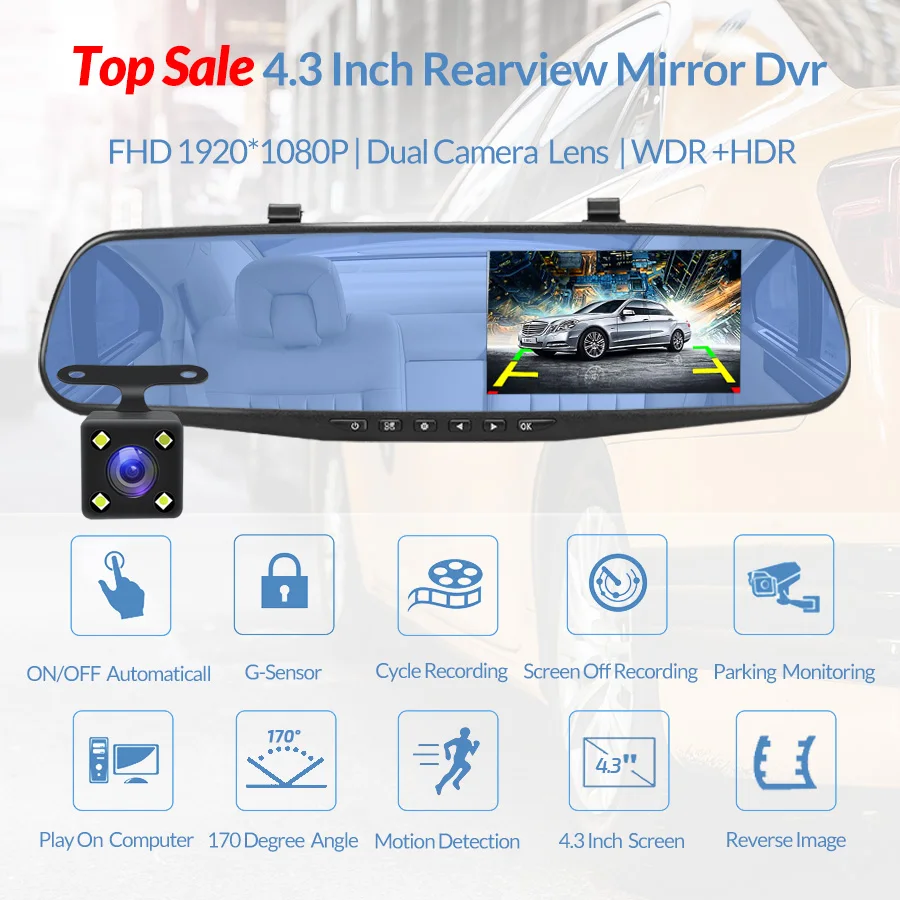 

EFHIPS Car Dvr Camera Auto 4.3 Inch Rearview Mirror Dash Digital Video HD 1080P Recorder Dual Lens Registratory Camcorder