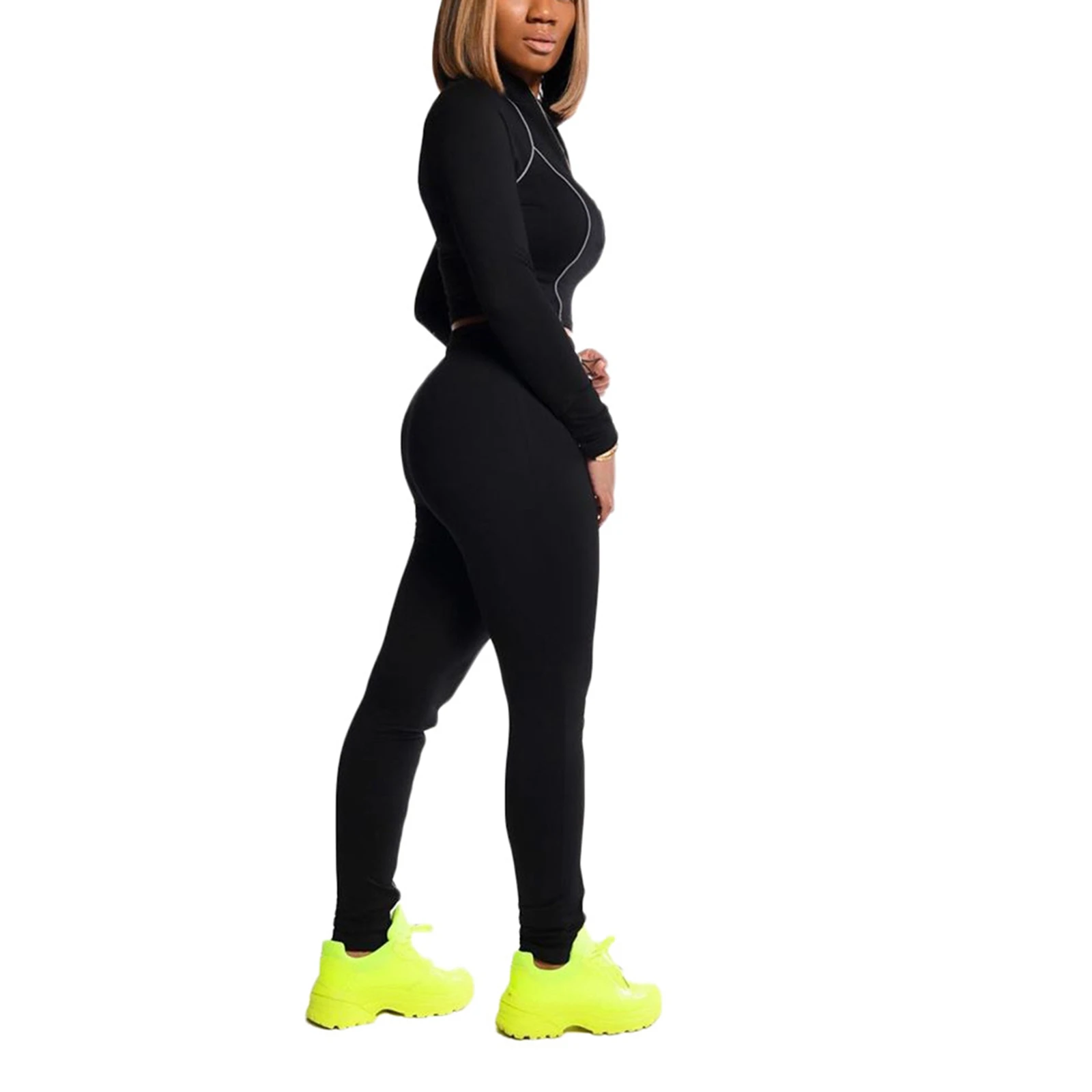 

Hirigin 2020 Fashion Women's Zipper Coat, High-Waist Pants, Long Sleeve Stand Collar Top Sports Lace-up Striped Trousers