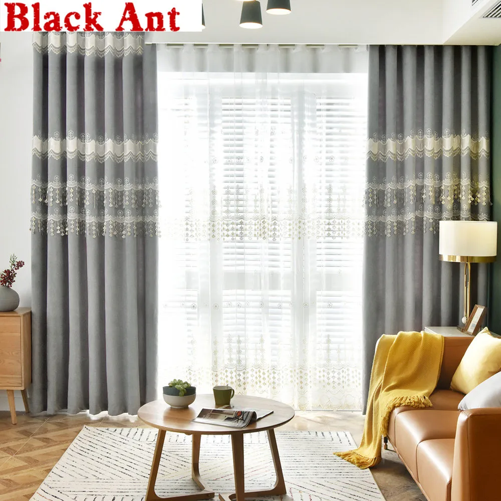 Американский рельефный роскошный вышитая вуаль Шторы серый сплошные оконные