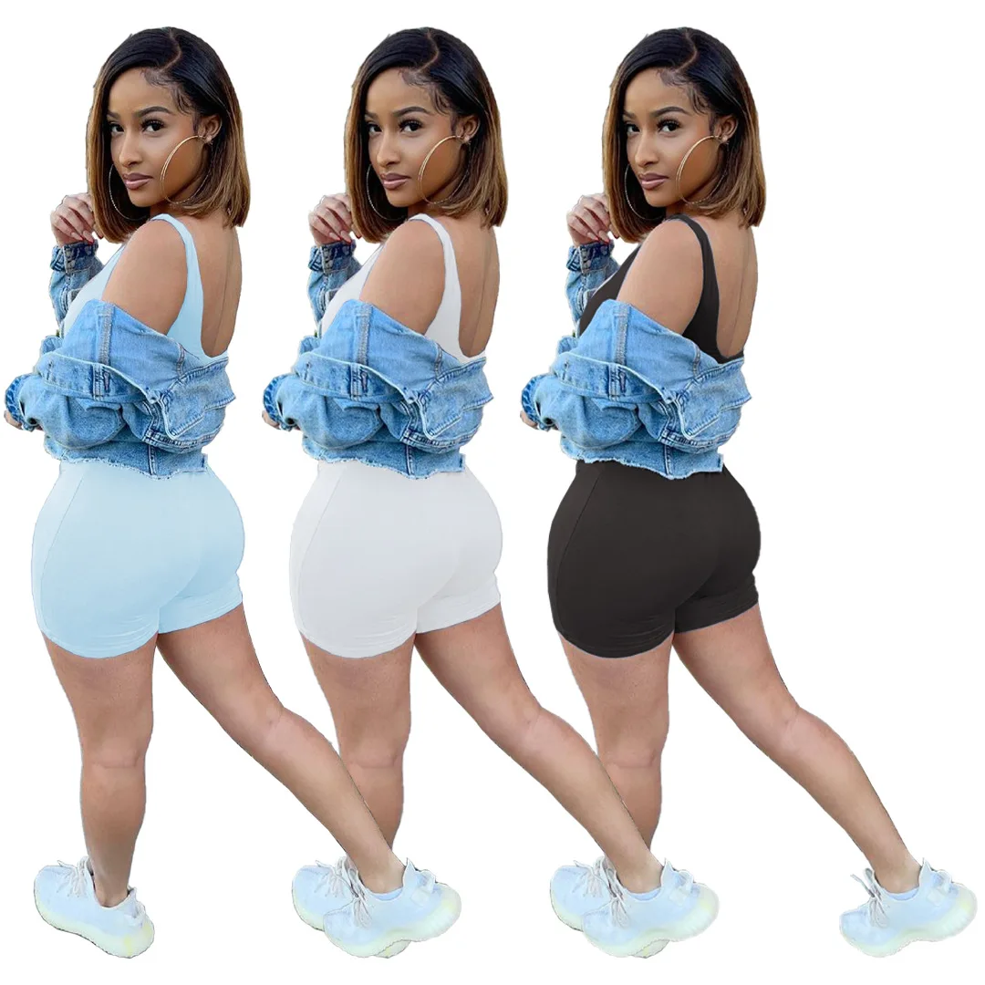 

Street Style Women's Clothing Fashion Casual Sexy Solid Color U Neck Halter Sleeveless Mid Waist Vest Tight Fitting Jumpsuit