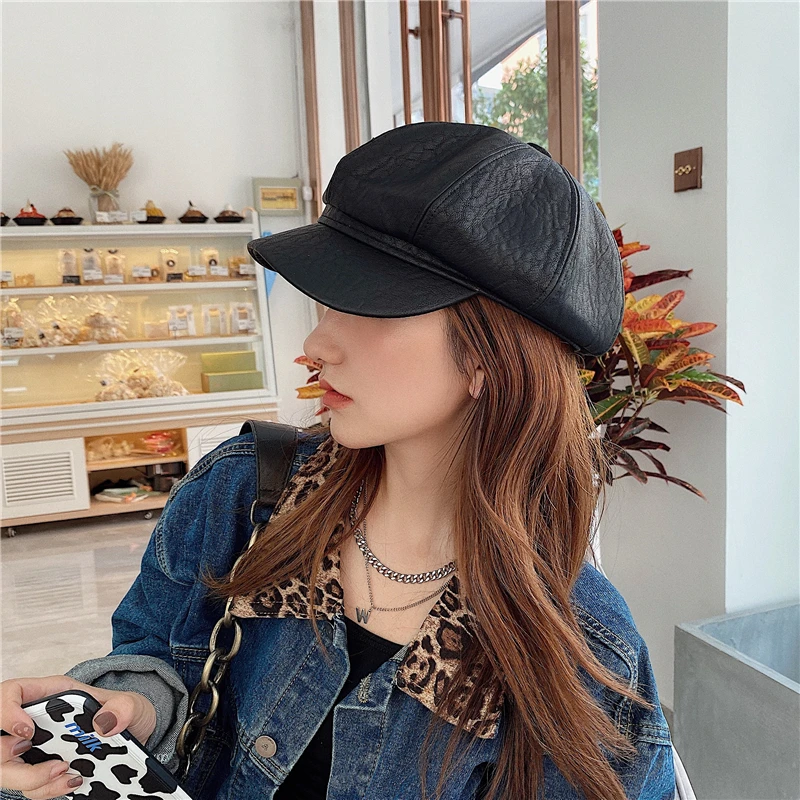 

Luna&Dolphin Designer Women Matte Textur PU Leather Hat British Style Military Cap Octagonal Hat Cool Artist Vintage Girls Cap