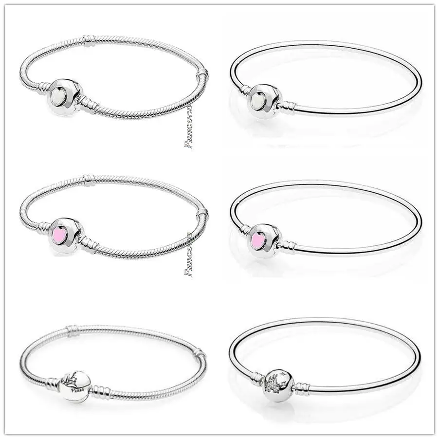 

Authentic 925 Sterling Silver Bracelet Pink Wonderful Love Heart Clasp Snake Chain Bangle Fit Bead Charm Diy Fashion Jewelry