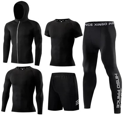 Fitness suit men's basketball tights training suit running gym fast dry spring and autumn five-piece set - Цвет: Серебристый
