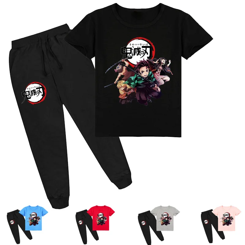 

2021 Kimetsu no Yaiba Summer Boy Set Boys Short Sleeve T-Shirt +Trousers Pants Children Sports Suit Kids Boy Clothes Sets
