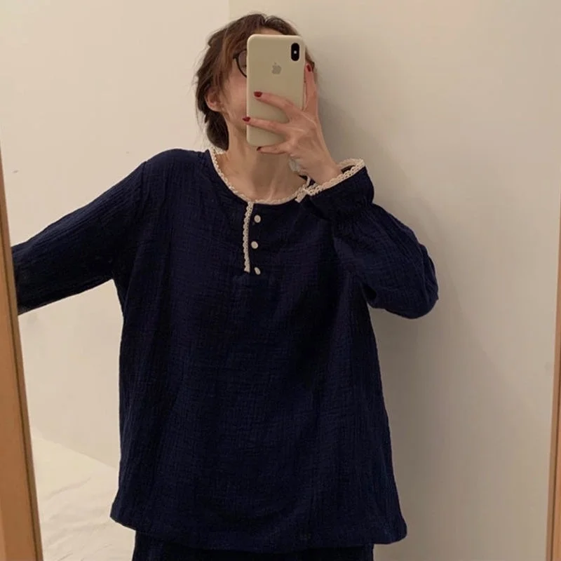 QWEEK Cotton Pajamas Women Autumn Home Clothes Solid Color Pijamas Button Lace Sleepwear Pyjamas Loungewear Home Suit Roomware