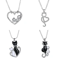 new 5 styles couple cats pendant women necklace black white enamel rhinestone heart girlfriend lovers jewelry gifts fashion