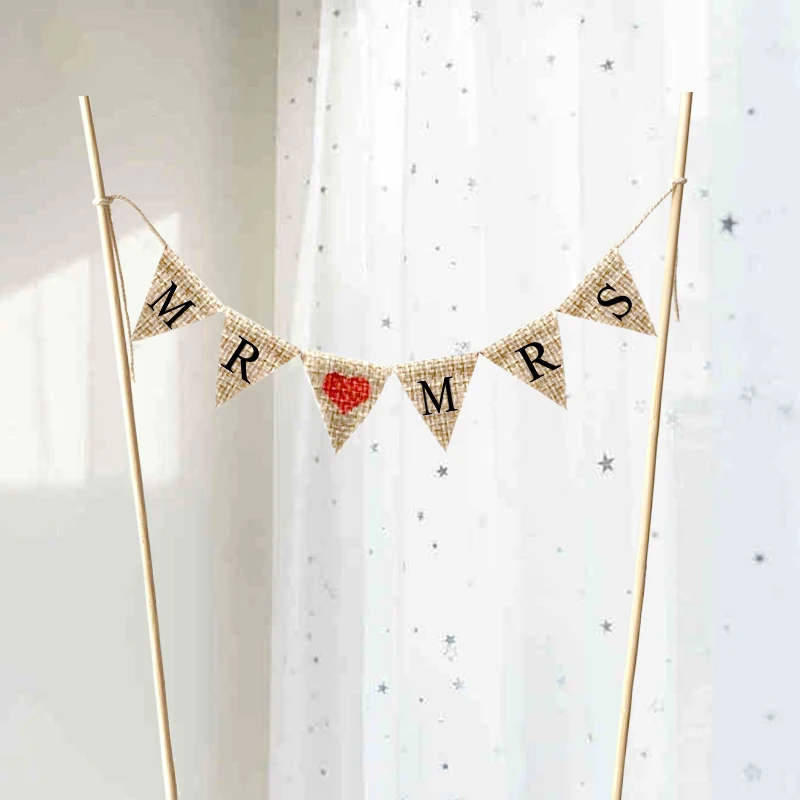 Natural Jute Banner Cake Toppers Mr Mrs Just Married Rustic Wedding Decoration Happy 1st Birthday Topper One Party Supplies | Дом и сад