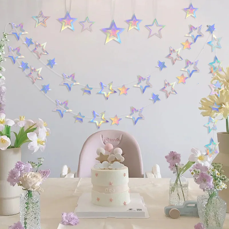 

6 Shiny Laser Star Triangle Banners For Anniversary Birthday Party Decoration Baby Shower Pennant Pull Flag Supplies