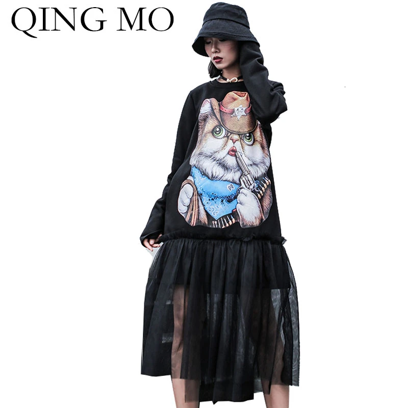 QING MO Черное Женское зимнее платье 2020 женское с мультяшным котом Сетчатое
