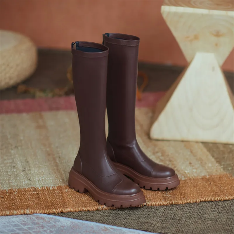 

ANNYMOLI Knee High Boots Women Real Leather Platform Thick Heels Long Boots Shoes Mid Heel Zip Slim Boots Autumn Winter Black 40