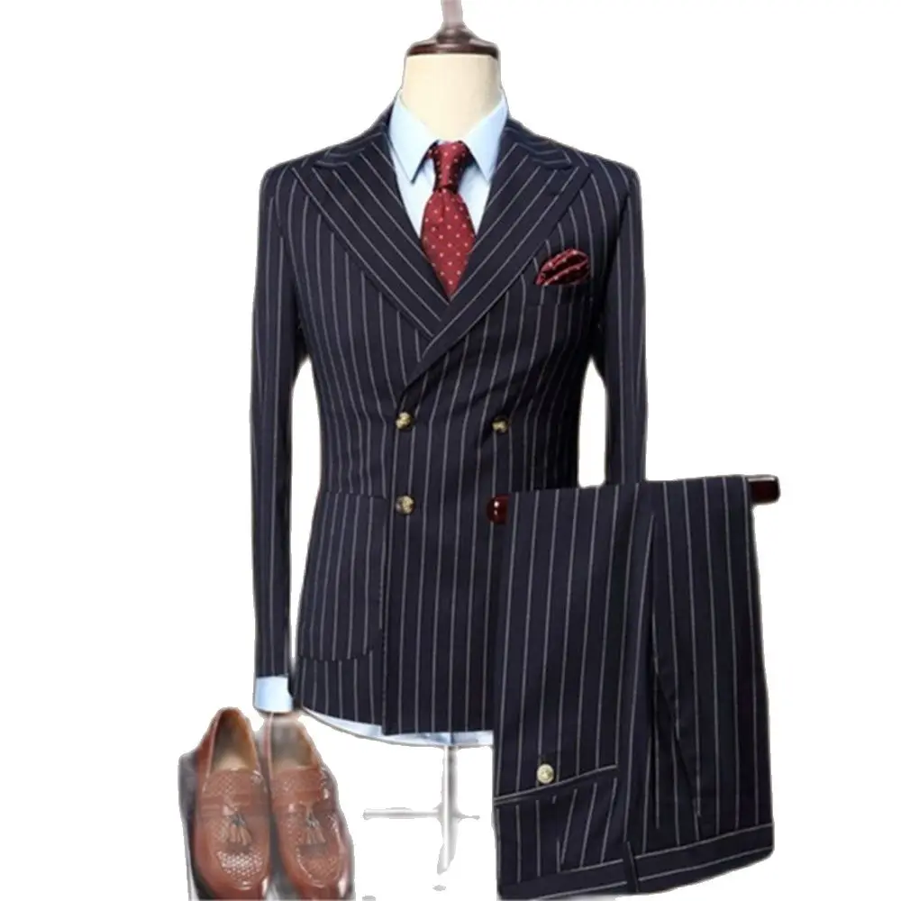 

Мужские костюмы из куртки и брюк в темно-синюю полоску под заказ, мужской смокинг для жениха, Мужской Блейзер, брюки, облегающая одежда для вечеринки на свадьбу, 2 шт.