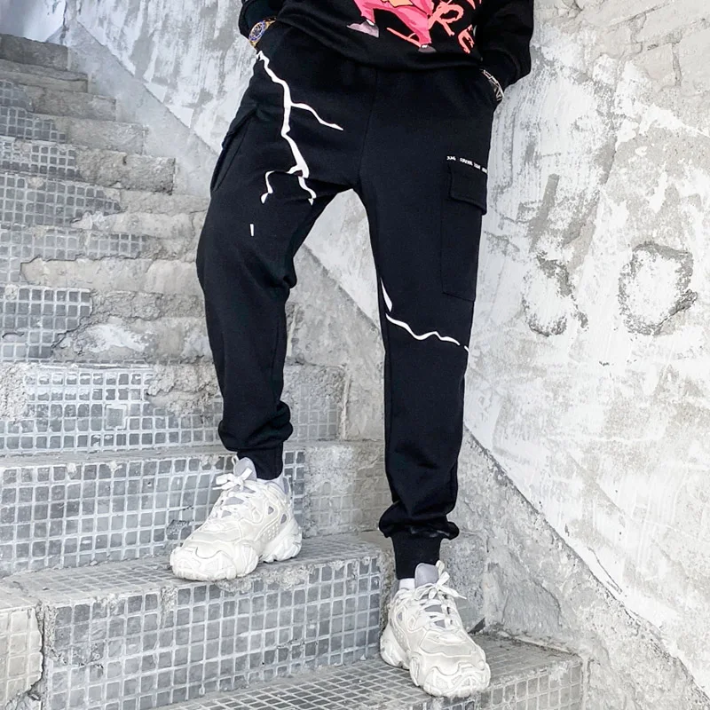 

Hip Hop Sweatpants Streetwear Joggers Lightning Print Baggy Pants Trousers 2021 Mens Harajuku Cotton Track Pants Pockets Black