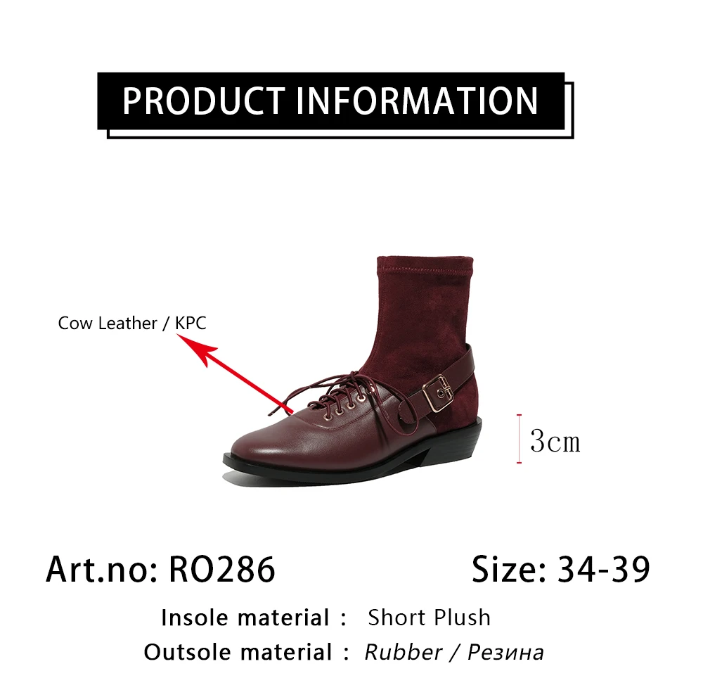 

RJN Stylish Ankle Boots High Quality Cow Leather Lace-up Decoration Belt Buckle Women Shoes Low-heel New Boots RO286